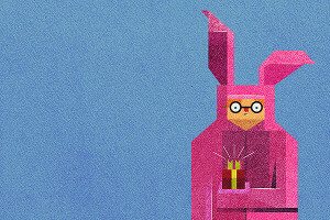 Lapin rose avec des lunettes tennant une bougie sur fond bleu